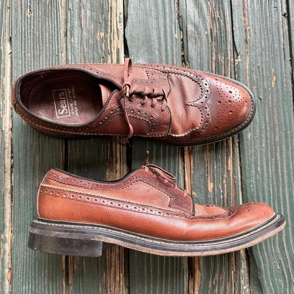 SEARS Vintage‎ Derby Dress Shoes Size 9 1/2 D Brogue Long Wingtips Brown